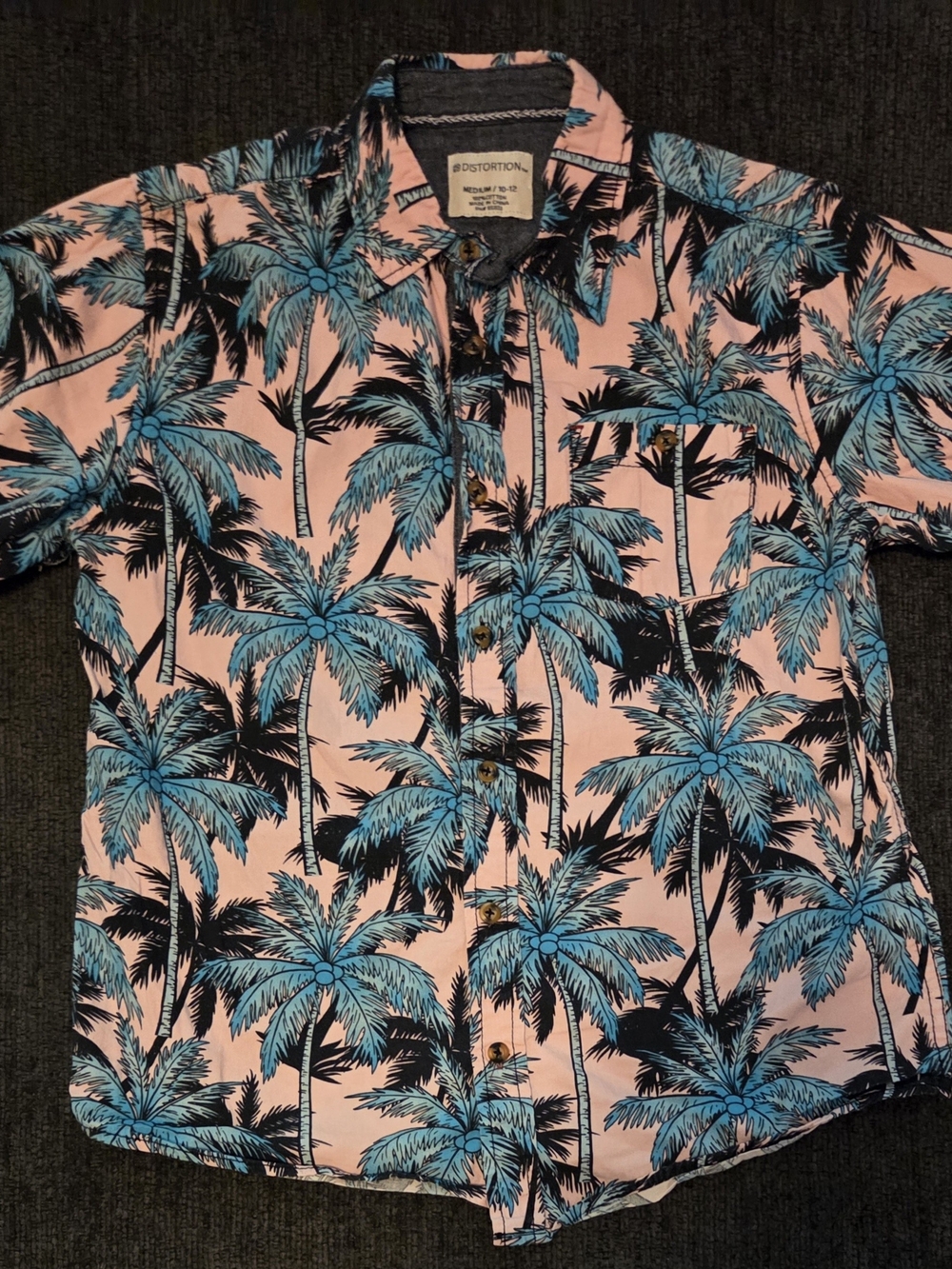 Distortion Boys Cotton Pink & Blue Palm-Print Button Down Shirt. Size M 10-12